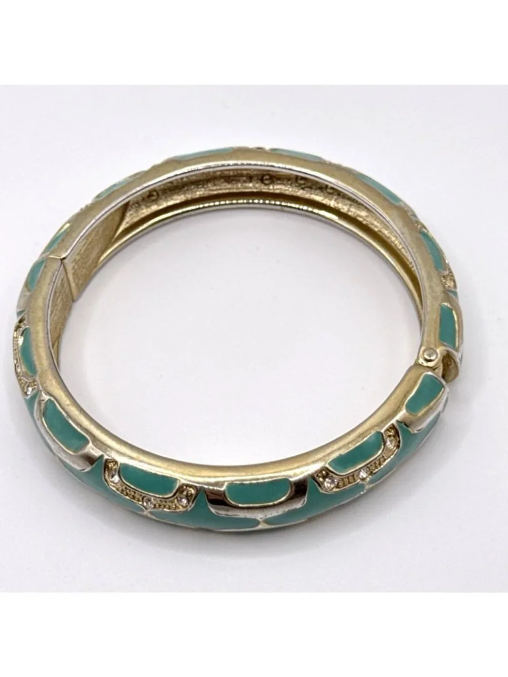 Teal Green Bangle Bracelet Gold Tone Rhinestones Enamel Hinged Clamper 7